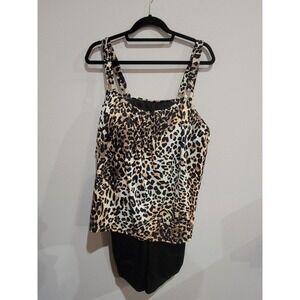 Swim 365 Women's Plus Size Tank Overlay Swim Romper Leopard Print Women's 22 EUC
